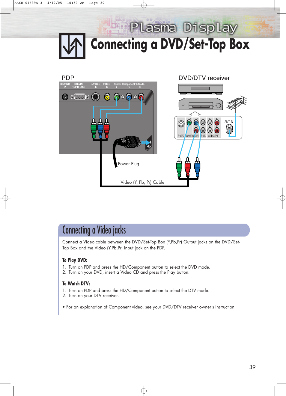 Connecting a dvd/set-top box, Connecting a video jacks | Samsung SPK4215MX-XAC User Manual | Page 39 / 68