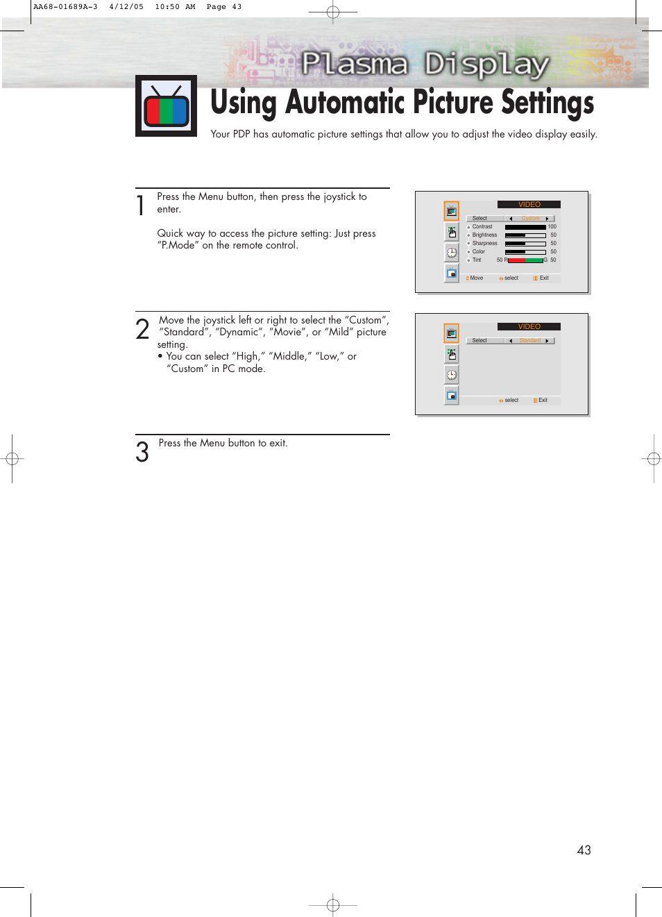 Using automatic picture settings | Samsung SPK4215MX-XAC User Manual | Page 43 / 68