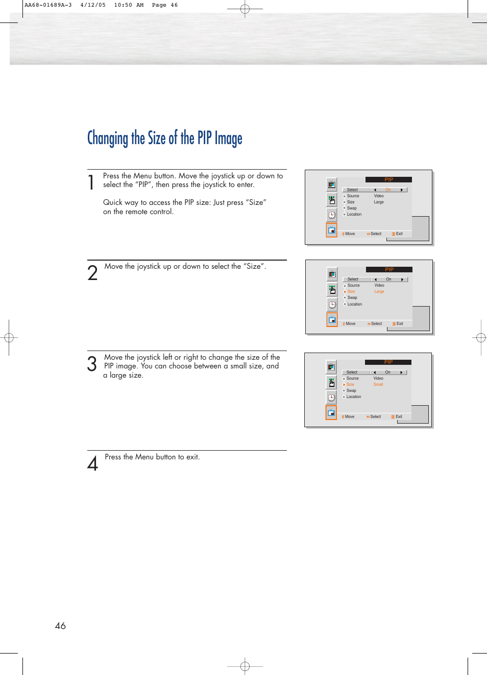Changing the size of the pip image | Samsung SPK4215MX-XAC User Manual | Page 46 / 68