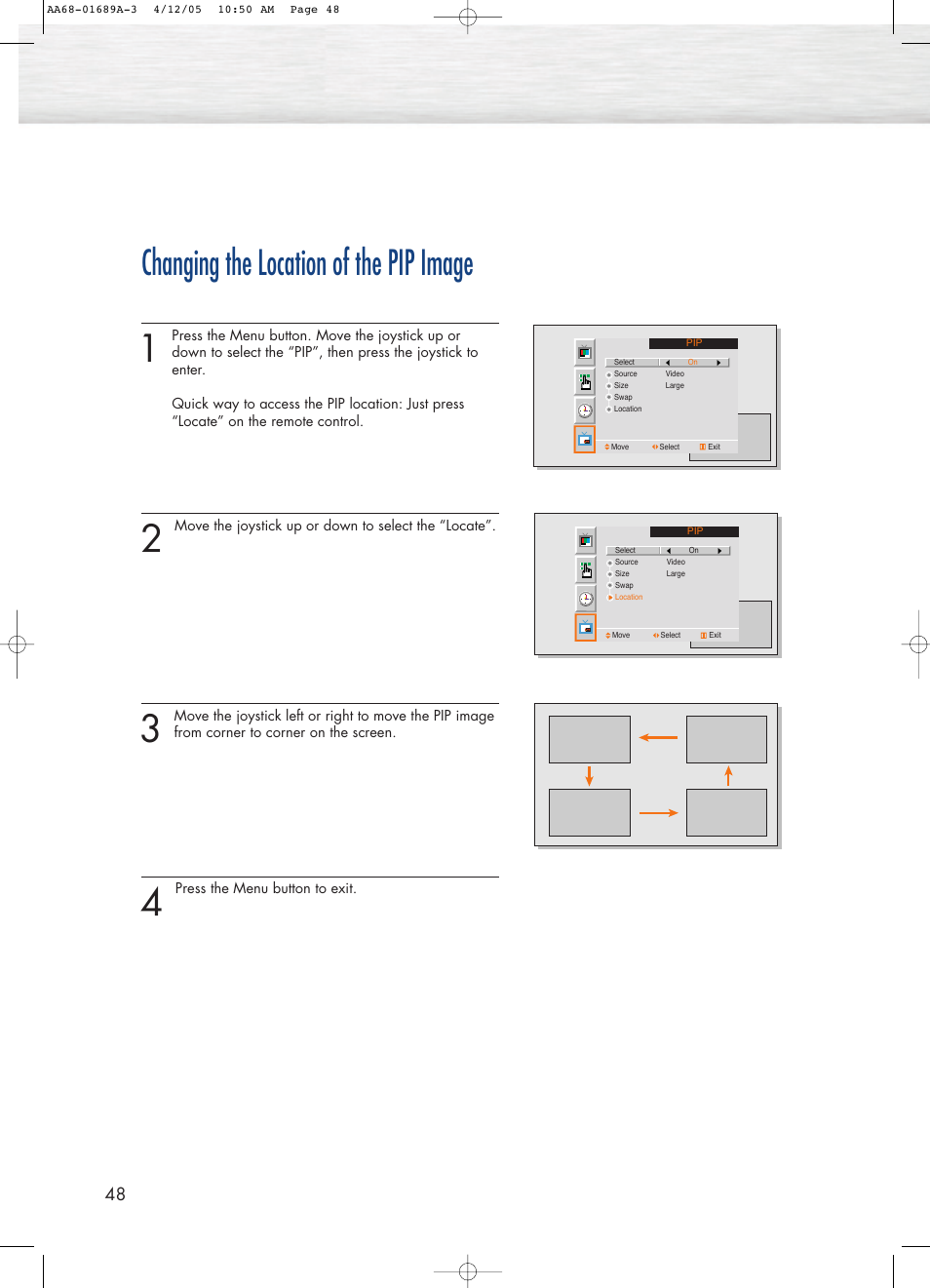 Changing the location of the pip image | Samsung SPK4215MX-XAC User Manual | Page 48 / 68
