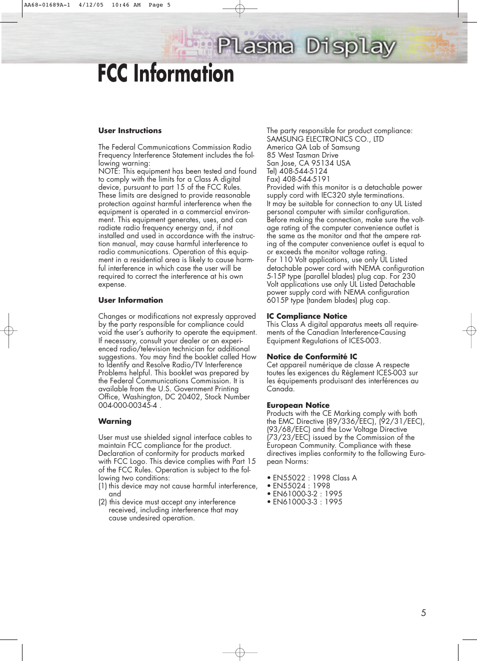 Fcc information | Samsung SPK4215MX-XAC User Manual | Page 5 / 68