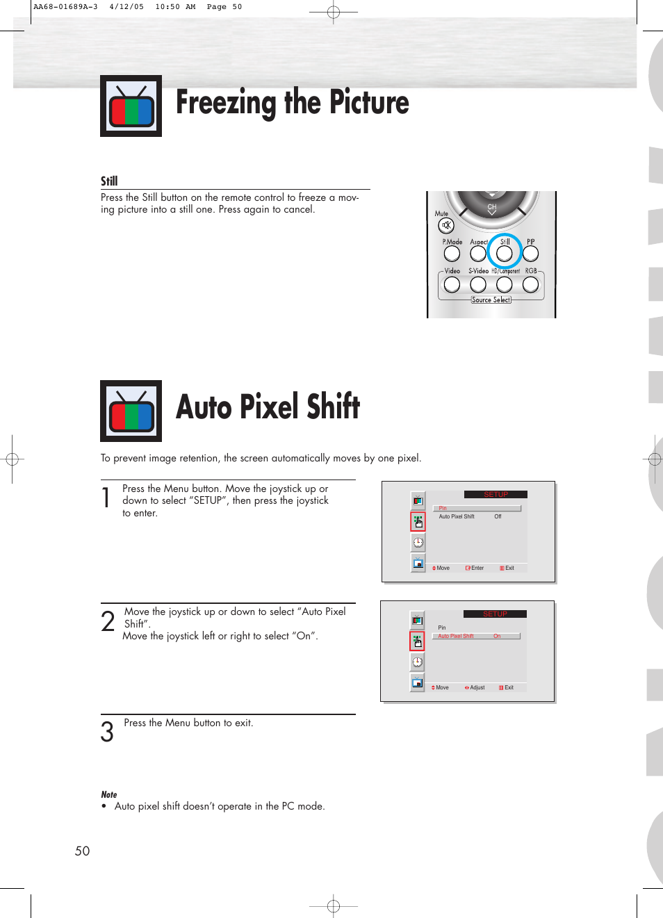 Freezing the picture, Auto pixel shift, Freezing the picture auto pixel shift | Samsung SPK4215MX-XAC User Manual | Page 50 / 68