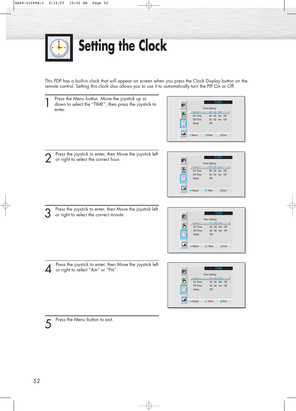 Setting the clock | Samsung SPK4215MX-XAC User Manual | Page 52 / 68