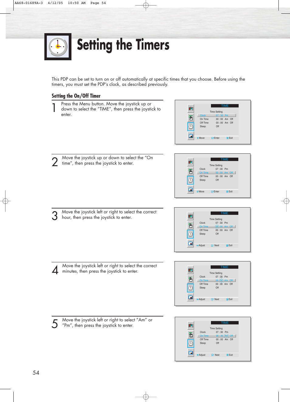 Setting the timers, Setting the on/off timer | Samsung SPK4215MX-XAC User Manual | Page 54 / 68