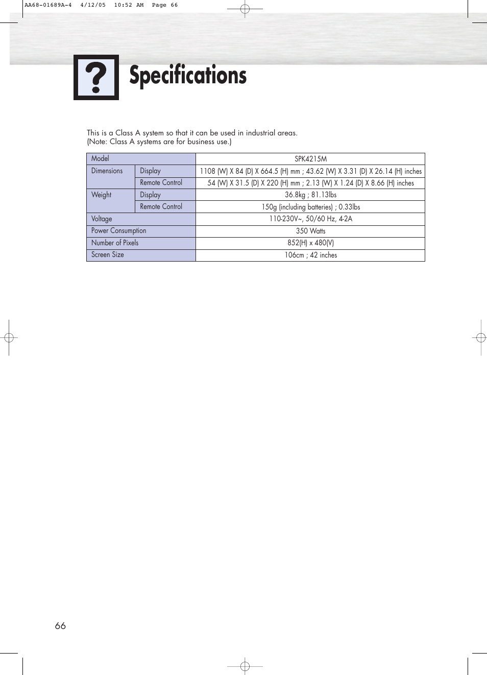Specifications | Samsung SPK4215MX-XAC User Manual | Page 66 / 68