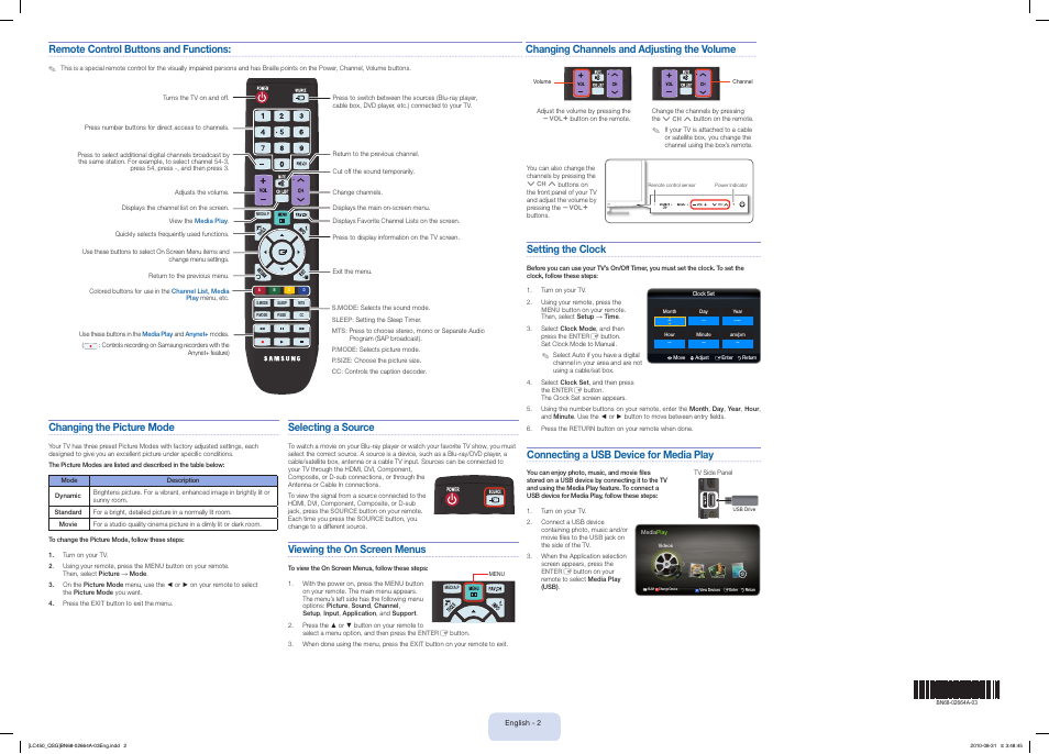 Selecting a source, Viewing the on screen menus, Setting the clock | Connecting a usb device for media play, Remote control buttons and functions, Changing the picture mode, Changing channels and adjusting the volume | Samsung LN26C450E1DXZA User Manual | Page 2 / 2