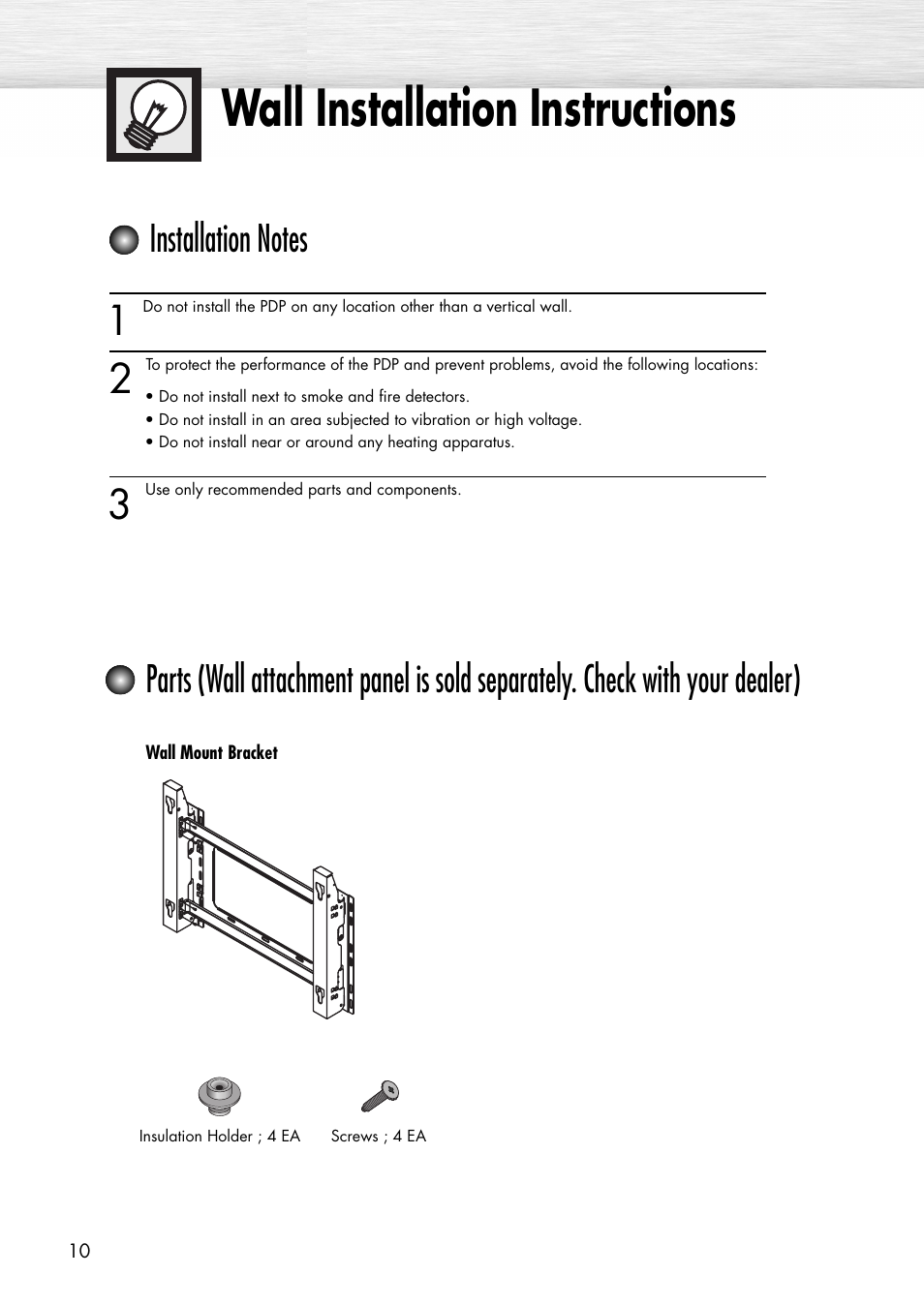 Wall installation instructions | Samsung SPP4231X-XAC User Manual | Page 10 / 104