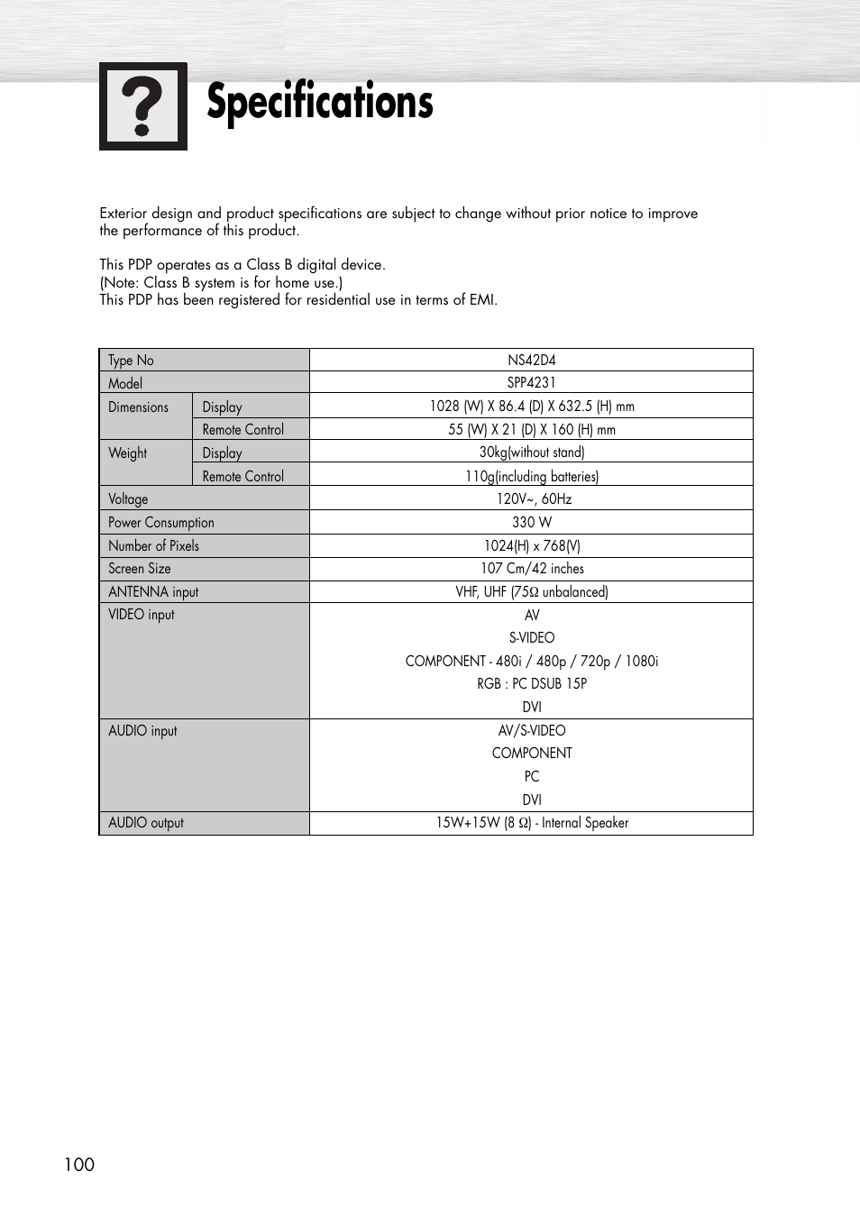 Specifications | Samsung SPP4231X-XAC User Manual | Page 100 / 104