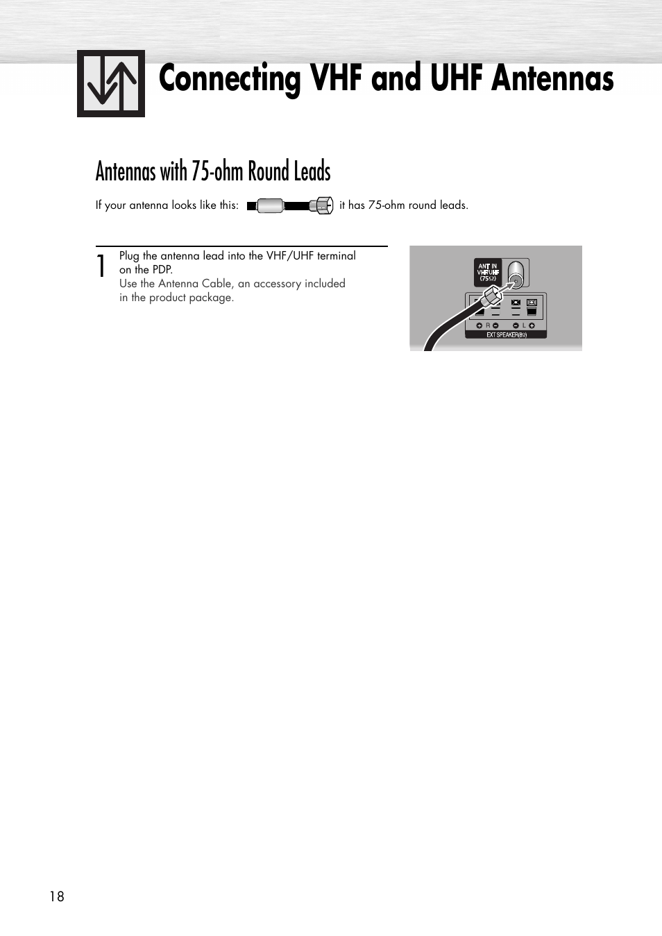 Connecting vhf and uhf antennas, Antennas with 75-ohm round leads | Samsung SPP4231X-XAC User Manual | Page 18 / 104