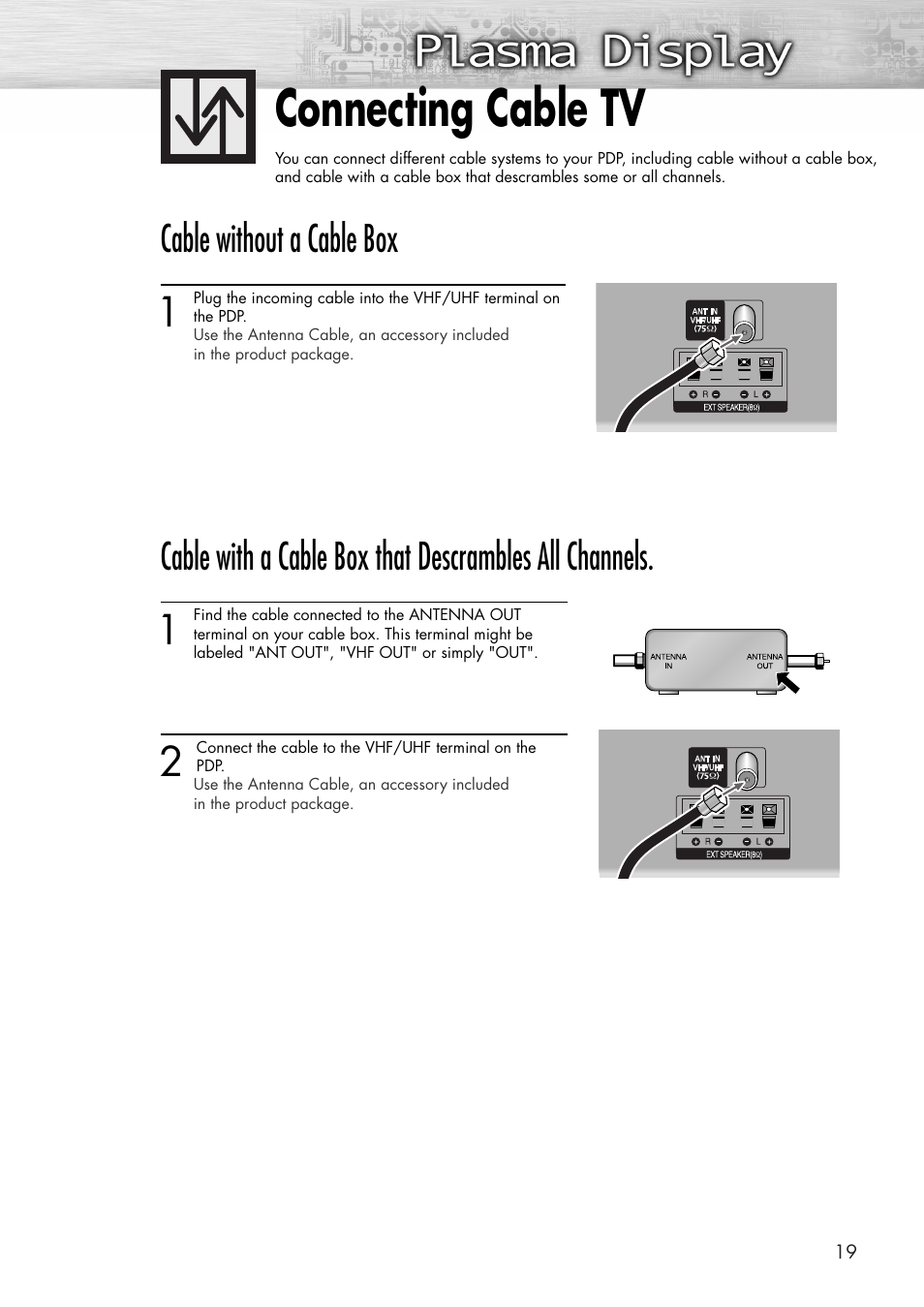 Connecting cable tv, Cable without a cable box | Samsung SPP4231X-XAC User Manual | Page 19 / 104