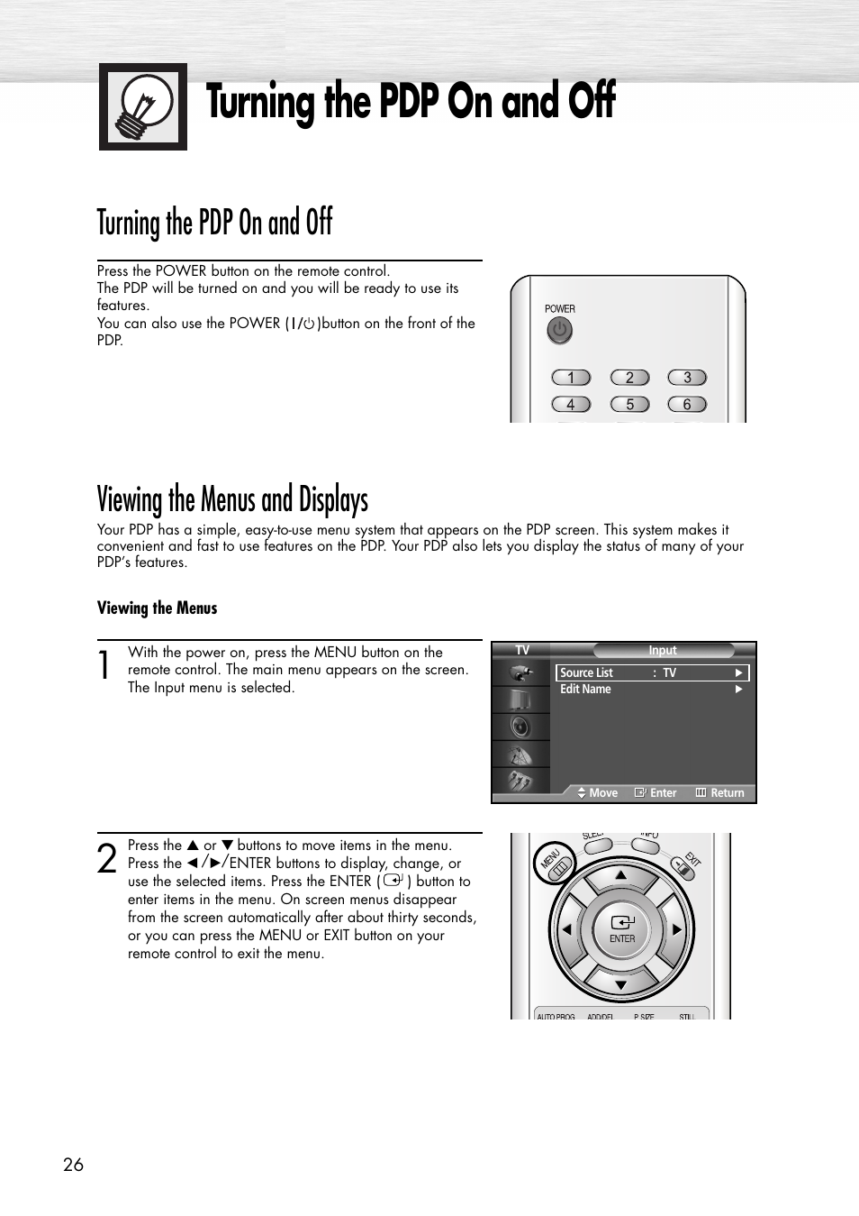 Turning the pdp on and off, Viewing the menus and displays | Samsung SPP4231X-XAC User Manual | Page 26 / 104