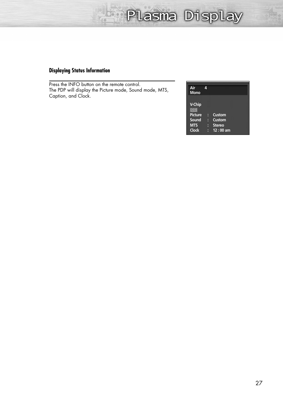 27 displaying status information | Samsung SPP4231X-XAC User Manual | Page 27 / 104