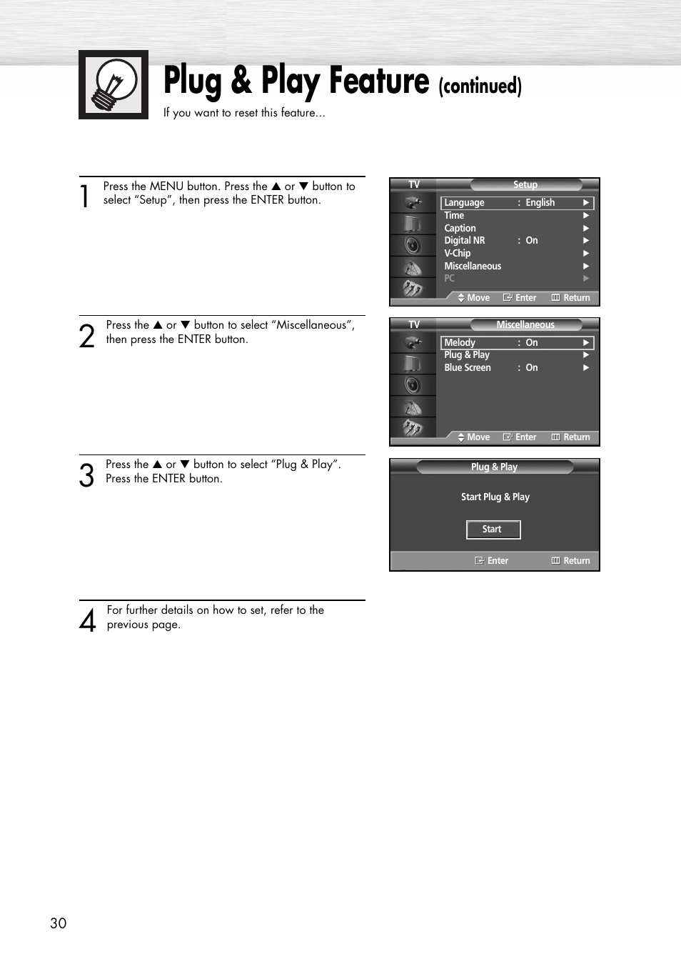 Plug & play feature, Continued) | Samsung SPP4231X-XAC User Manual | Page 30 / 104