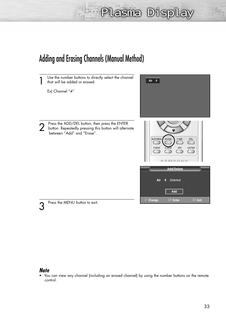 Adding and erasing channels (manual method) | Samsung SPP4231X-XAC User Manual | Page 33 / 104