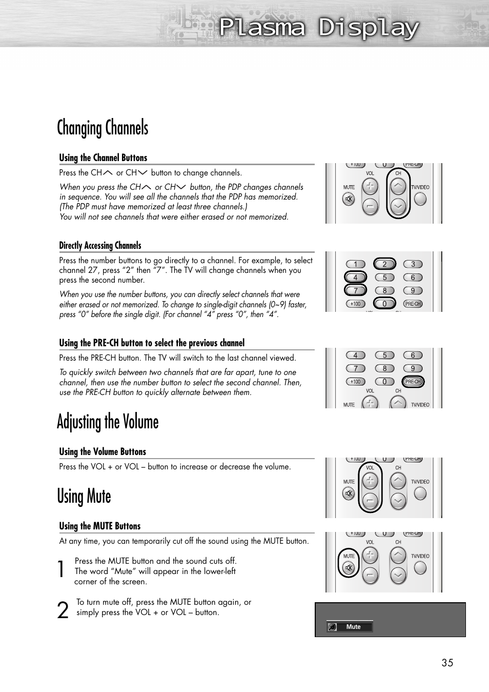 Changing channels, Adjusting the volume, Using mute | Samsung SPP4231X-XAC User Manual | Page 35 / 104