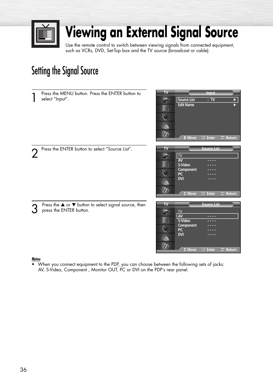 Viewing an external signal source, Setting the signal source | Samsung SPP4231X-XAC User Manual | Page 36 / 104