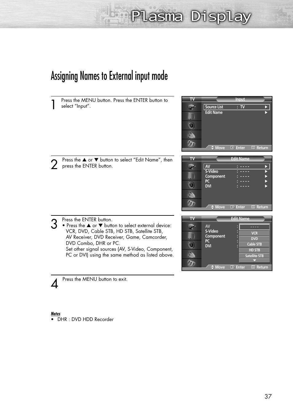 Assigning names to external input mode | Samsung SPP4231X-XAC User Manual | Page 37 / 104