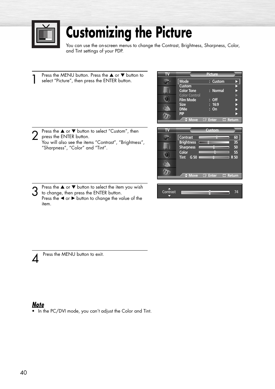 Customizing the picture | Samsung SPP4231X-XAC User Manual | Page 40 / 104