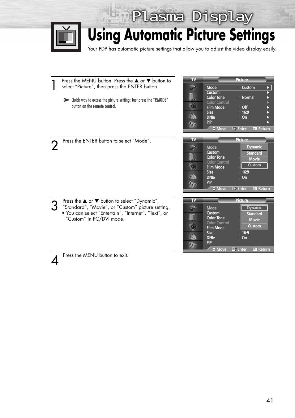 Using automatic picture settings | Samsung SPP4231X-XAC User Manual | Page 41 / 104