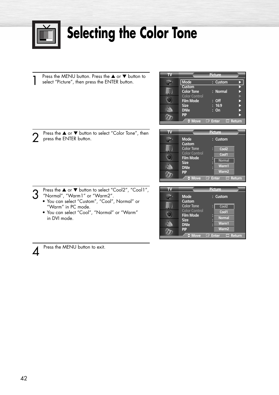 Selecting the color tone | Samsung SPP4231X-XAC User Manual | Page 42 / 104