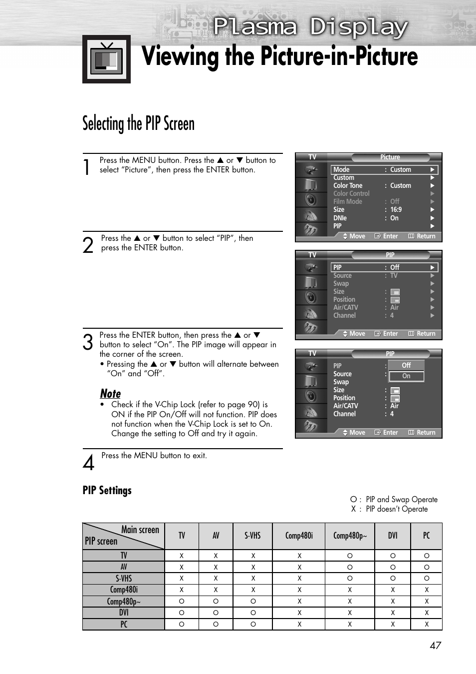Viewing the picture-in-picture, Selecting the pip screen, Pip settings | Pip screen main screen | Samsung SPP4231X-XAC User Manual | Page 47 / 104