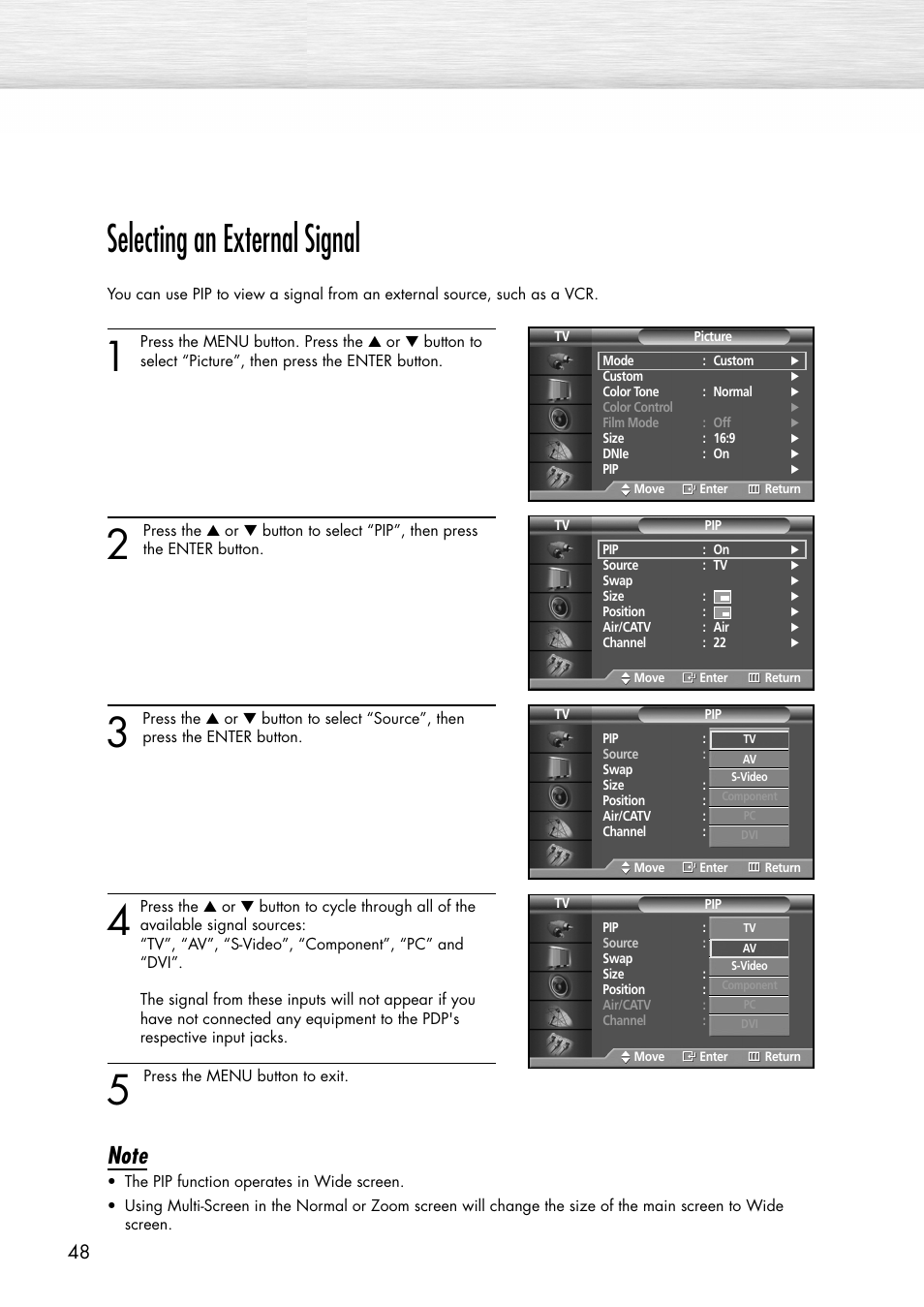 Selecting an external signal | Samsung SPP4231X-XAC User Manual | Page 48 / 104