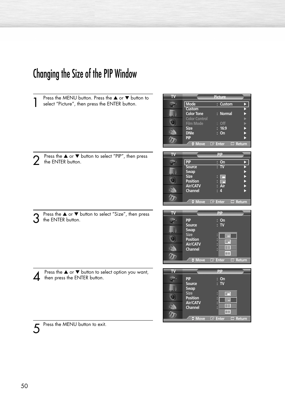 Changing the size of the pip window | Samsung SPP4231X-XAC User Manual | Page 50 / 104