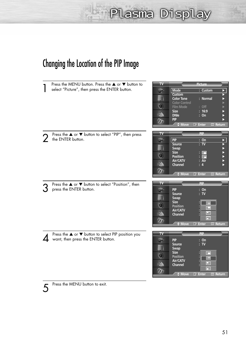Changing the location of the pip image | Samsung SPP4231X-XAC User Manual | Page 51 / 104