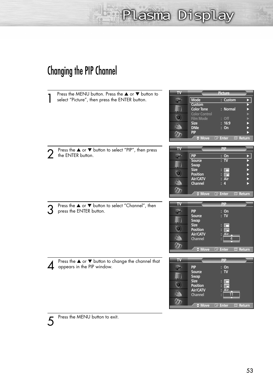 Changing the pip channel | Samsung SPP4231X-XAC User Manual | Page 53 / 104