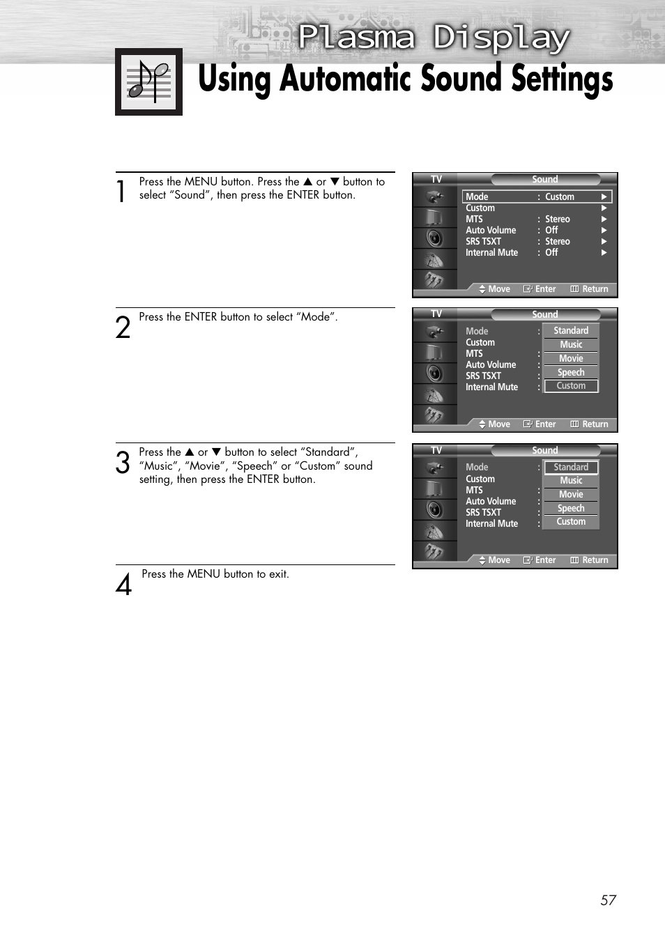 Using automatic sound settings | Samsung SPP4231X-XAC User Manual | Page 57 / 104