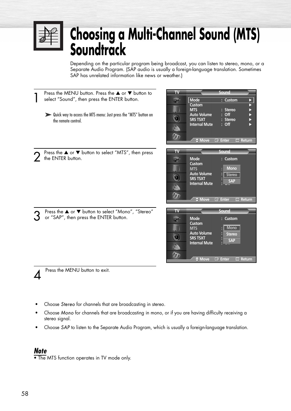 Choosing a multi-channel sound (mts) soundtrack | Samsung SPP4231X-XAC User Manual | Page 58 / 104