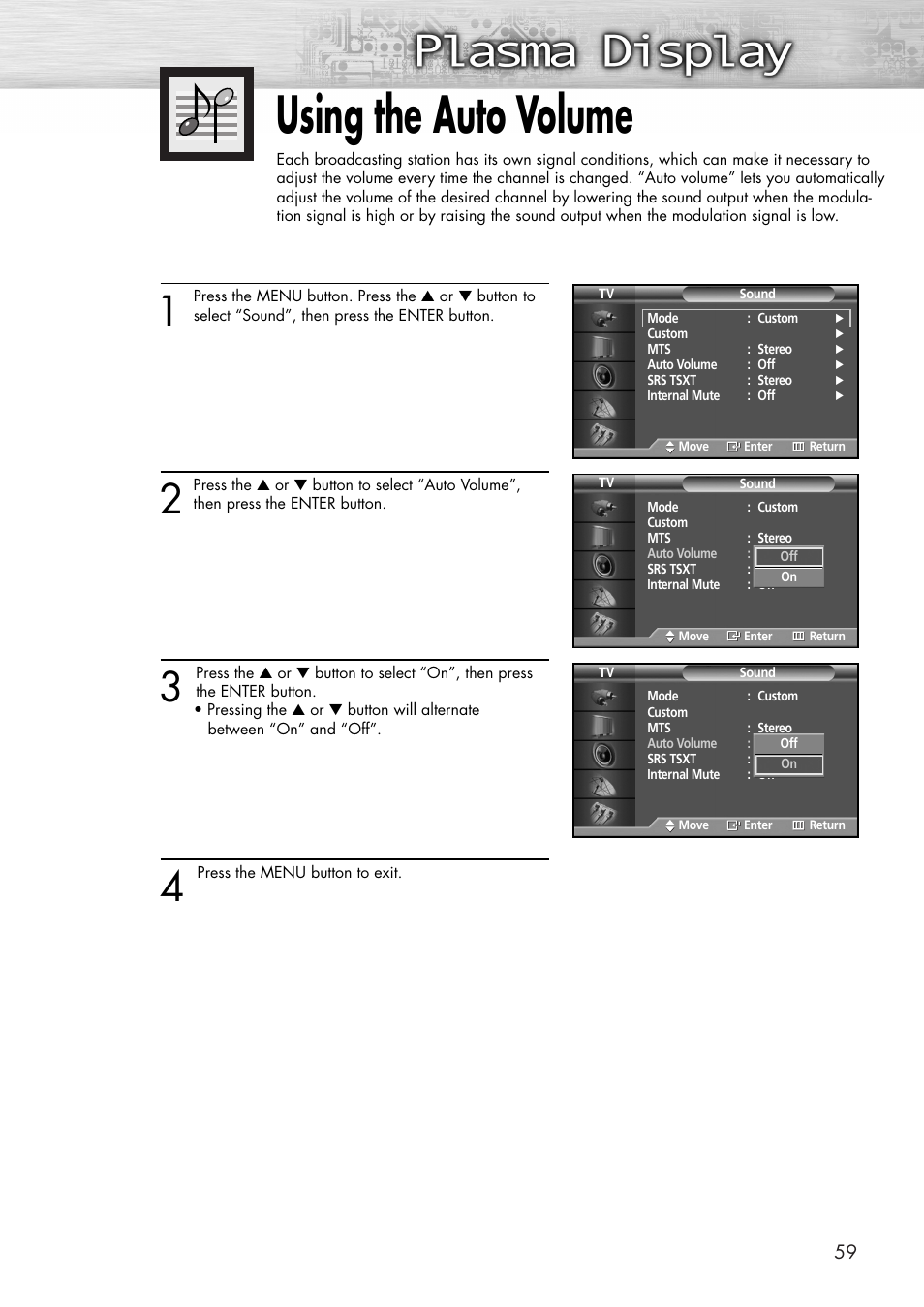 Using the auto volume | Samsung SPP4231X-XAC User Manual | Page 59 / 104