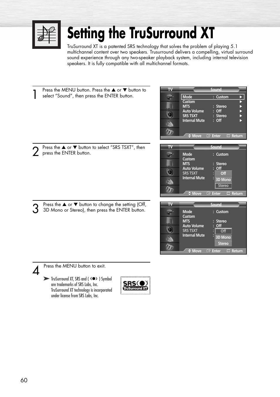 Setting the trusurround xt | Samsung SPP4231X-XAC User Manual | Page 60 / 104
