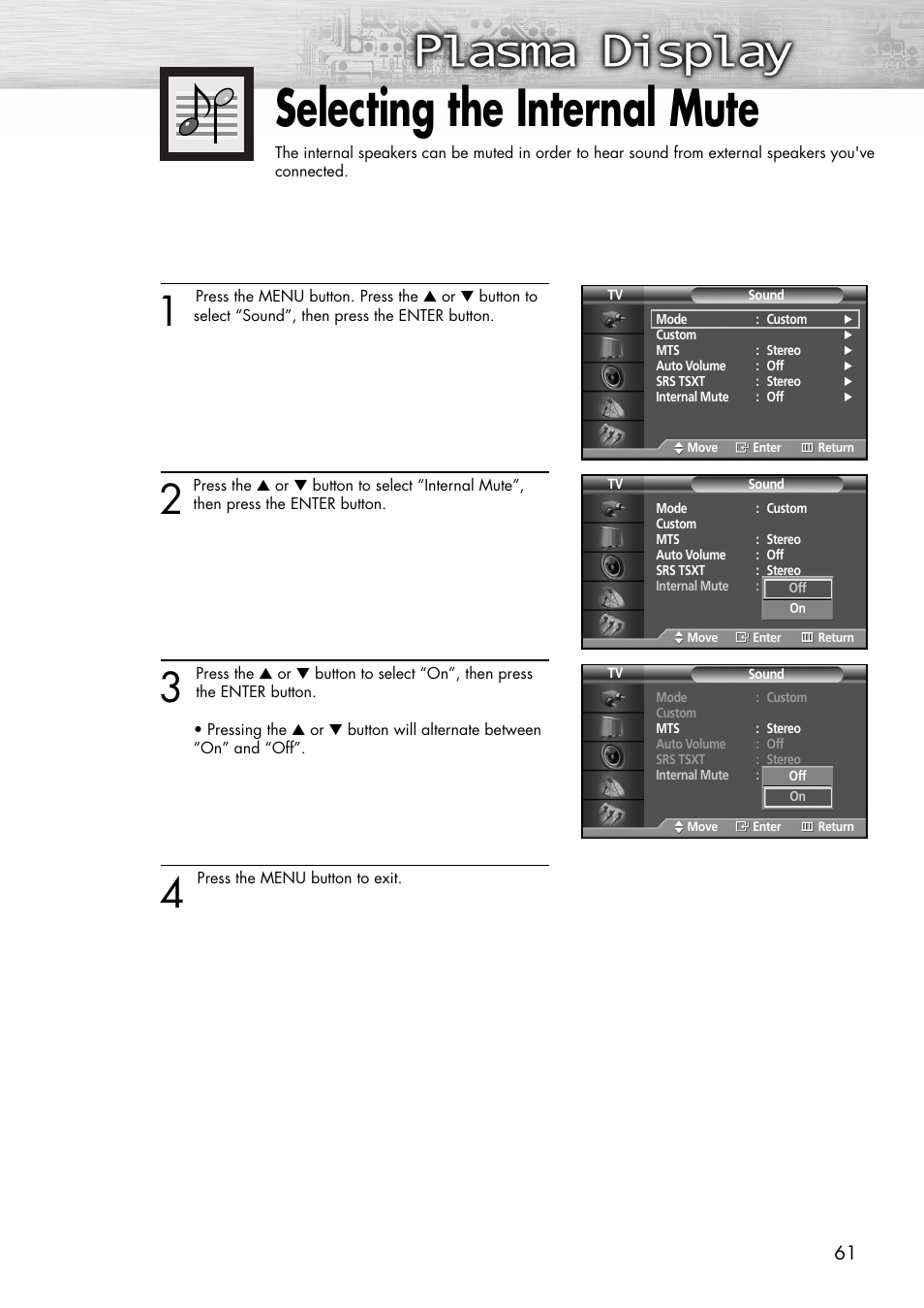 Selecting the internal mute | Samsung SPP4231X-XAC User Manual | Page 61 / 104