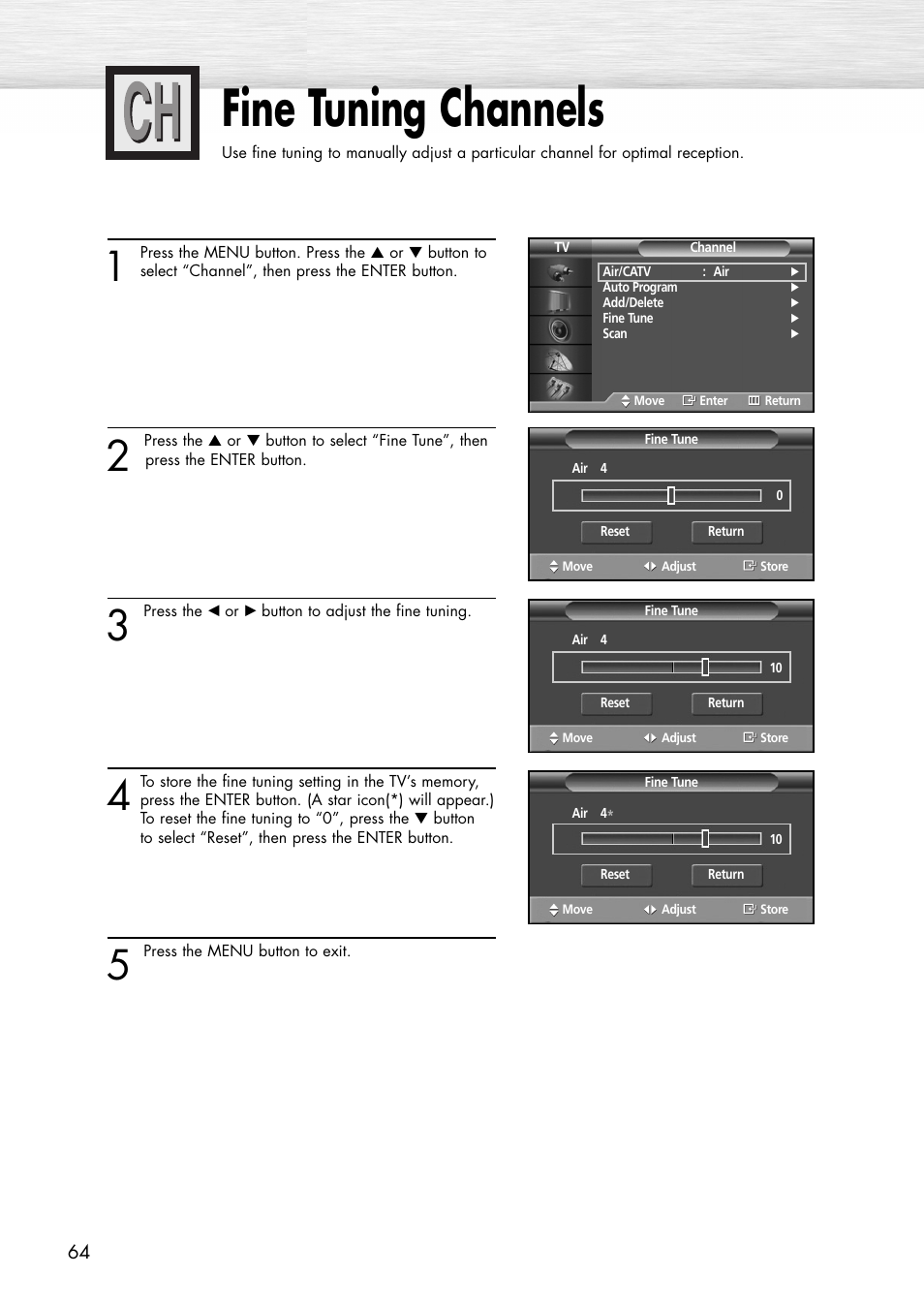 Fine tuning channels | Samsung SPP4231X-XAC User Manual | Page 64 / 104