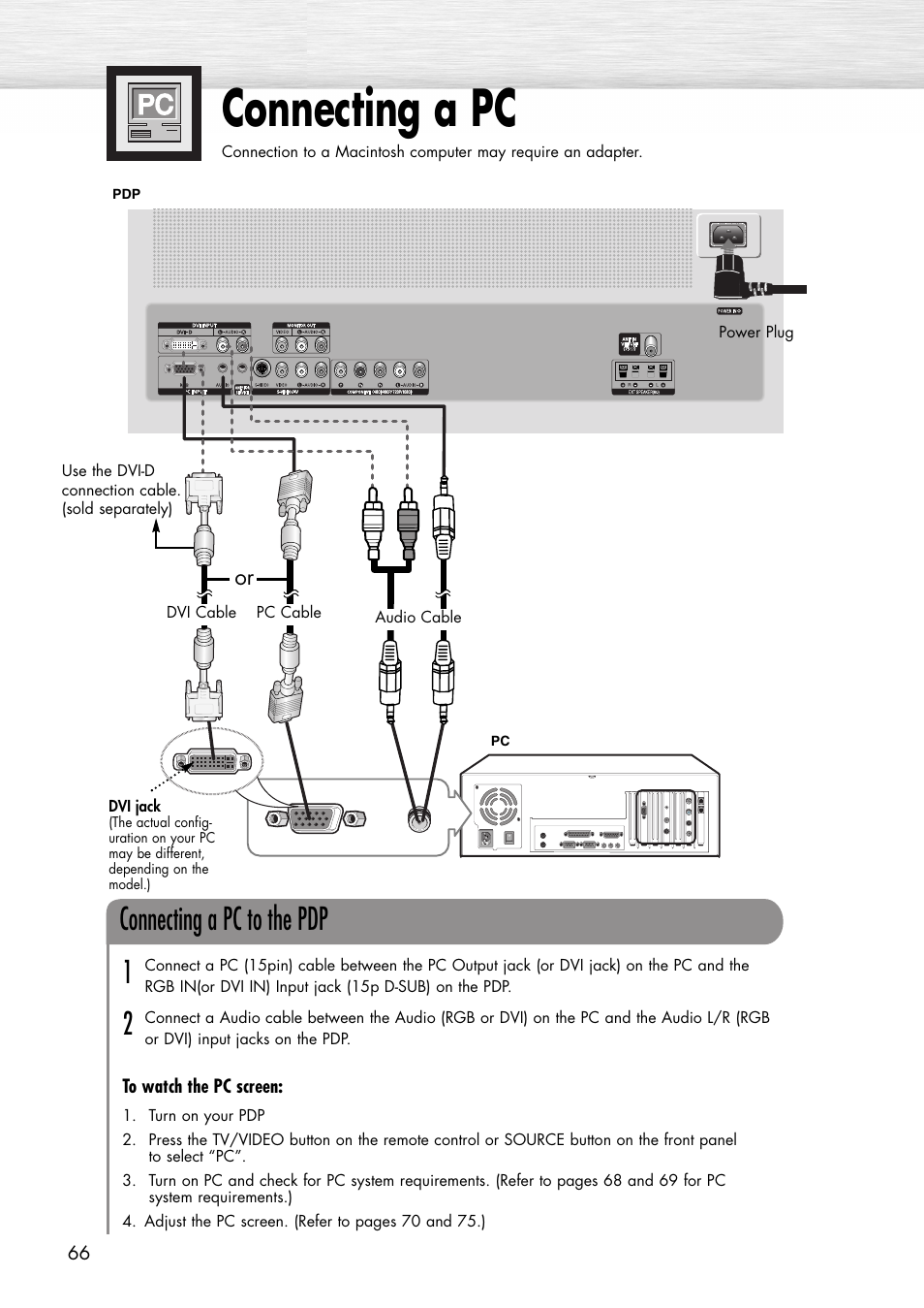 Connecting a pc, Connecting a pc to the pdp | Samsung SPP4231X-XAC User Manual | Page 66 / 104