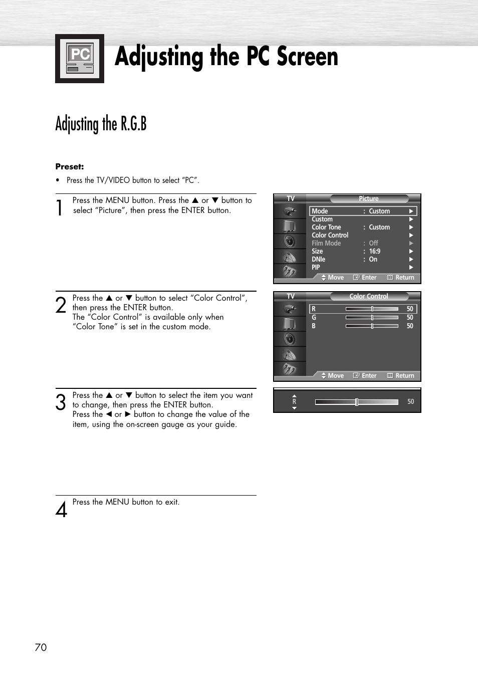 Adjusting the pc screen, Adjusting the r.g.b | Samsung SPP4231X-XAC User Manual | Page 70 / 104
