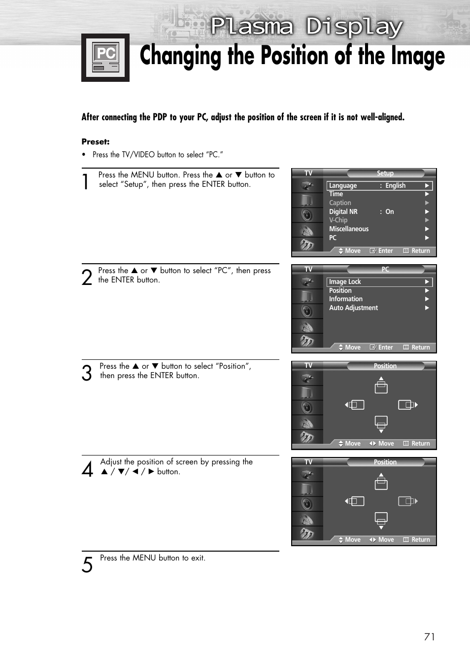 Changing the position of the image | Samsung SPP4231X-XAC User Manual | Page 71 / 104