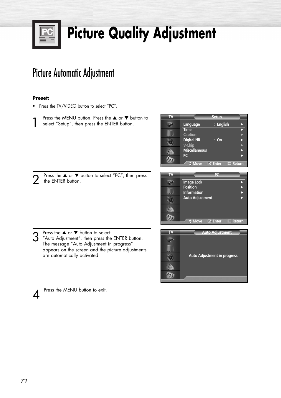 Picture quality adjustment, Picture automatic adjustment | Samsung SPP4231X-XAC User Manual | Page 72 / 104