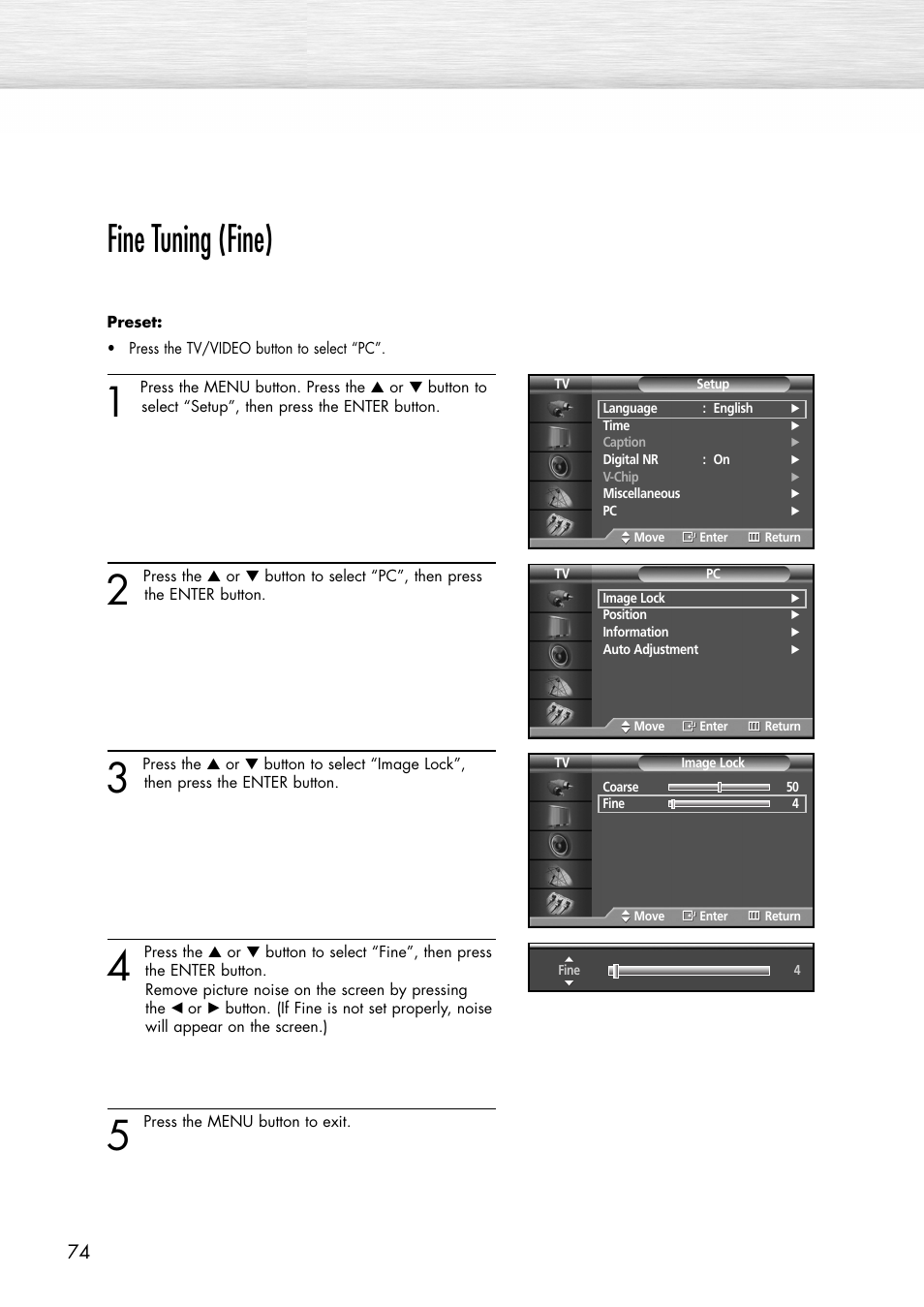 Fine tuning (fine) | Samsung SPP4231X-XAC User Manual | Page 74 / 104