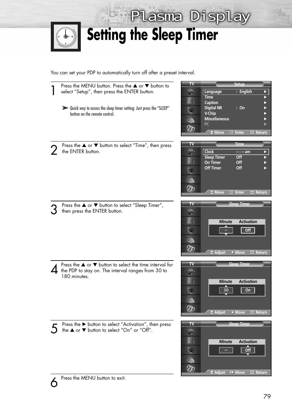 Setting the sleep timer | Samsung SPP4231X-XAC User Manual | Page 79 / 104