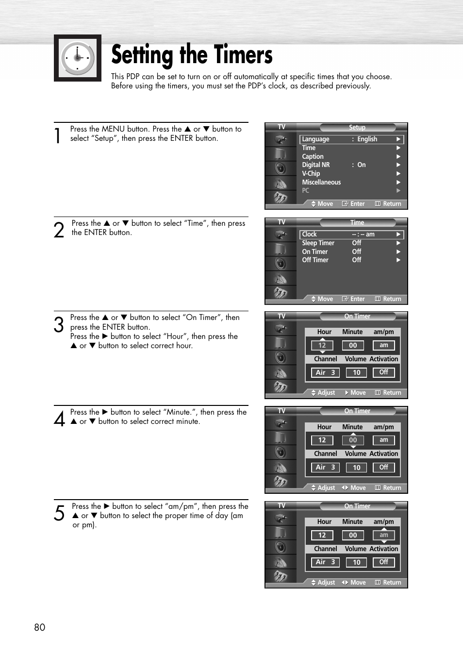 Setting the timers | Samsung SPP4231X-XAC User Manual | Page 80 / 104