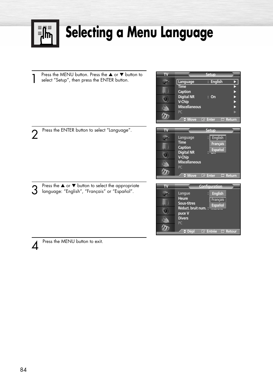 Selecting a menu language | Samsung SPP4231X-XAC User Manual | Page 84 / 104