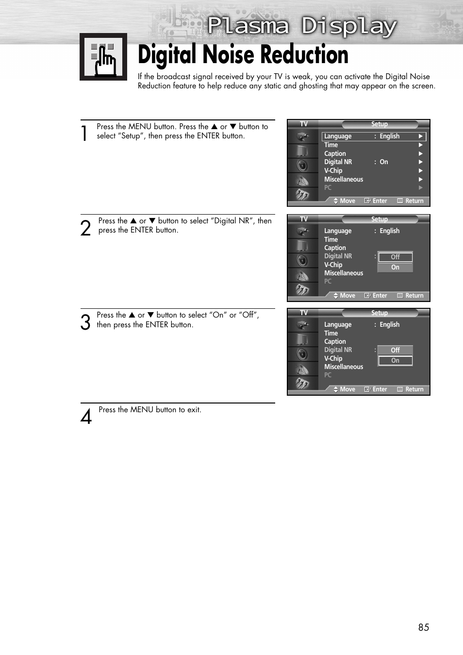 Digital noise reduction | Samsung SPP4231X-XAC User Manual | Page 85 / 104