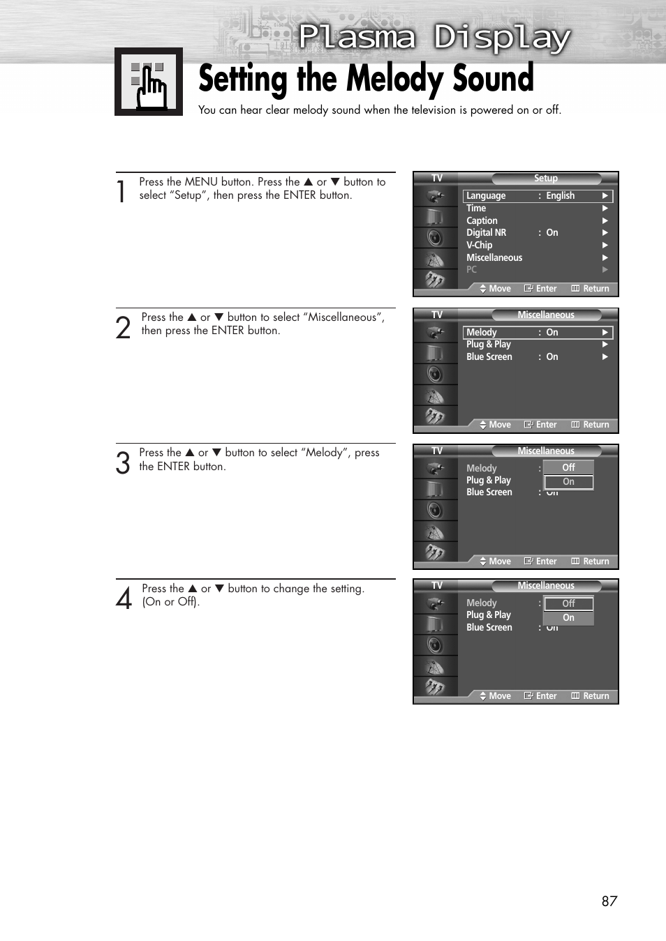 Setting the melody sound | Samsung SPP4231X-XAC User Manual | Page 87 / 104