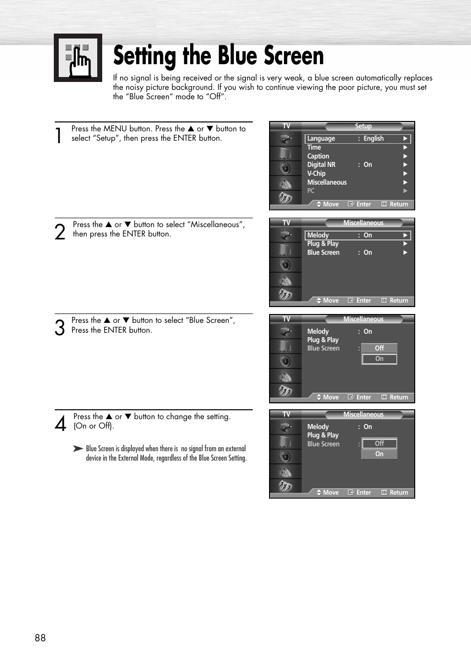 Setting the blue screen | Samsung SPP4231X-XAC User Manual | Page 88 / 104