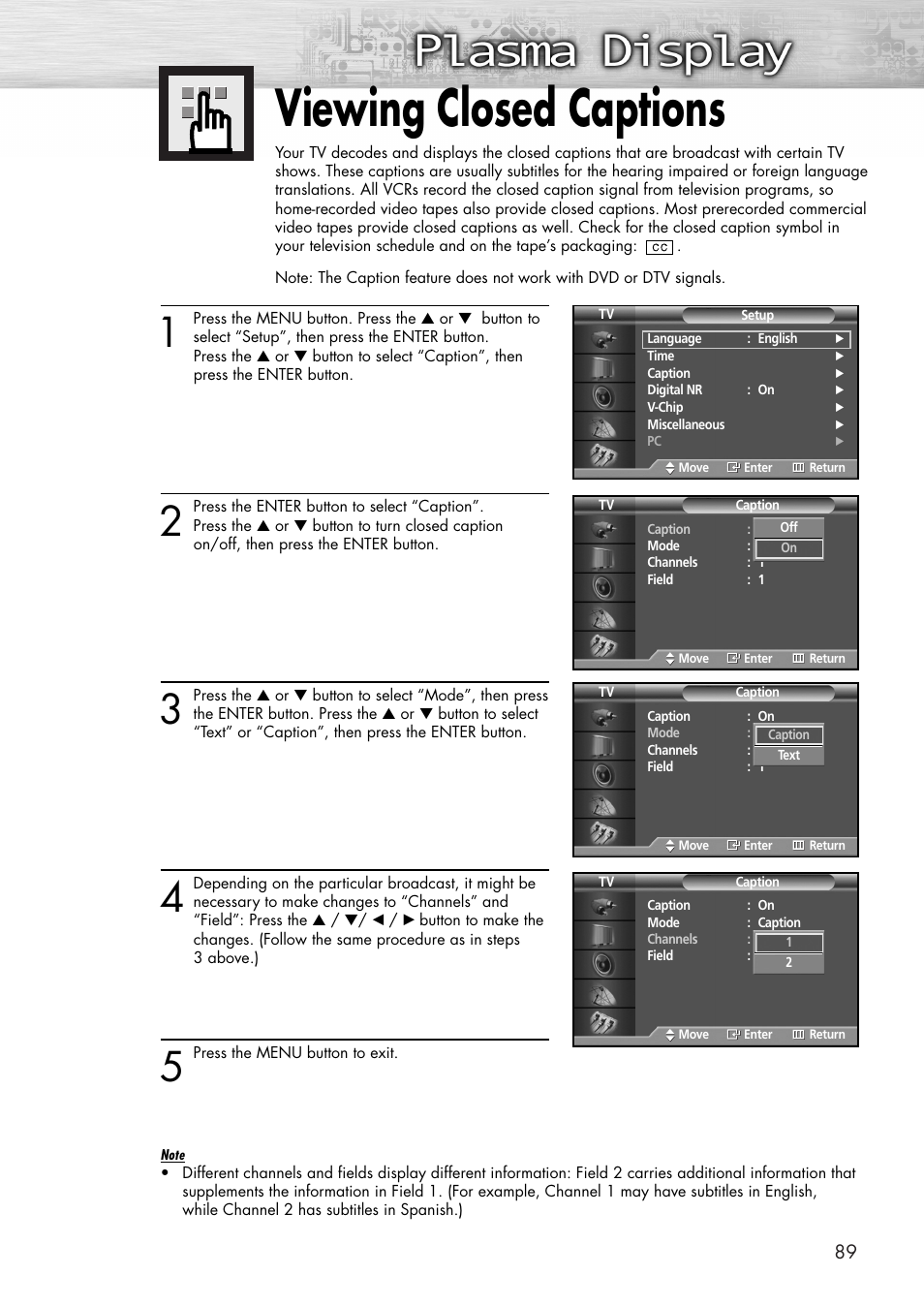 Viewing closed captions | Samsung SPP4231X-XAC User Manual | Page 89 / 104