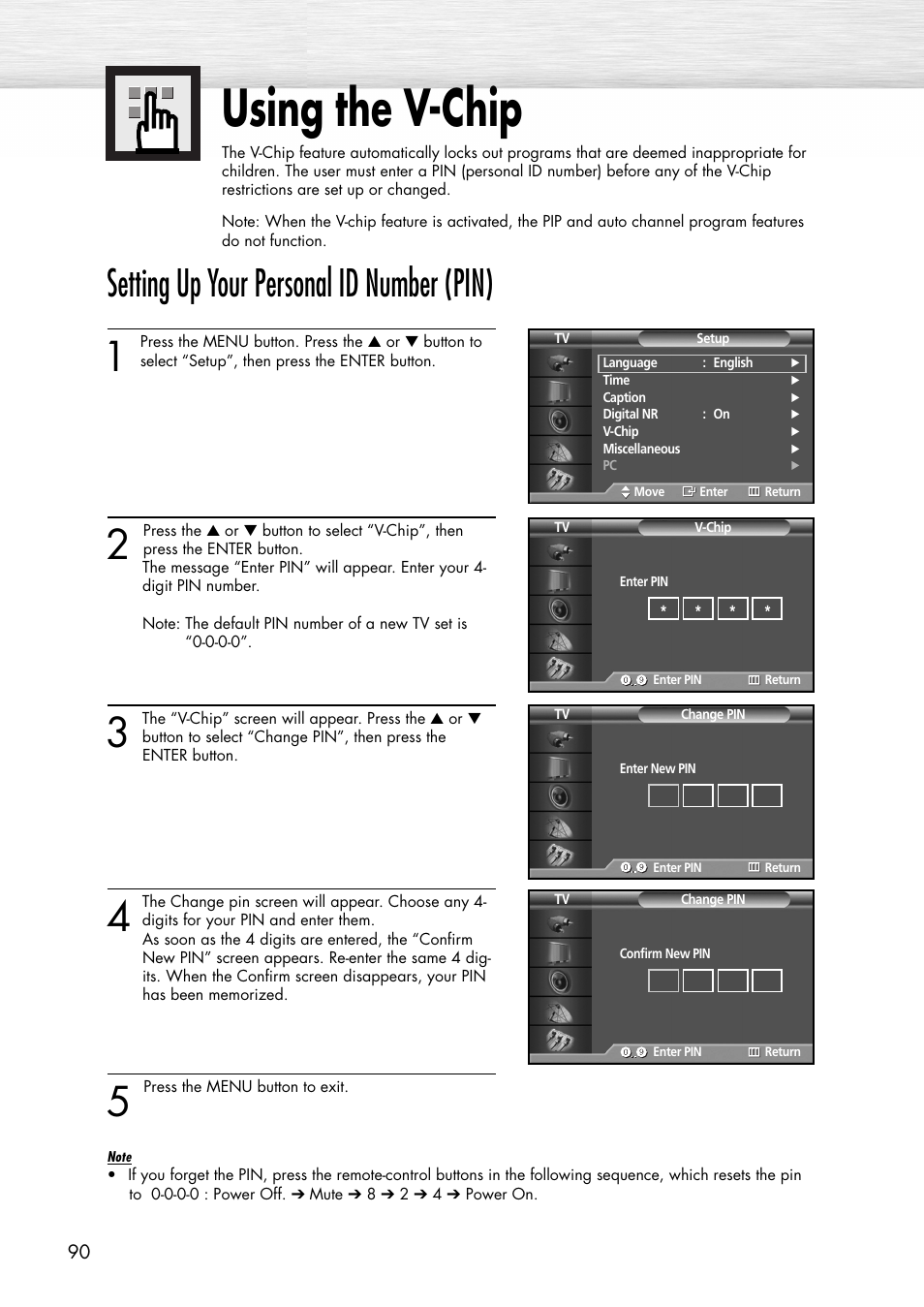 Using the v-chip, Setting up your personal id number (pin) | Samsung SPP4231X-XAC User Manual | Page 90 / 104