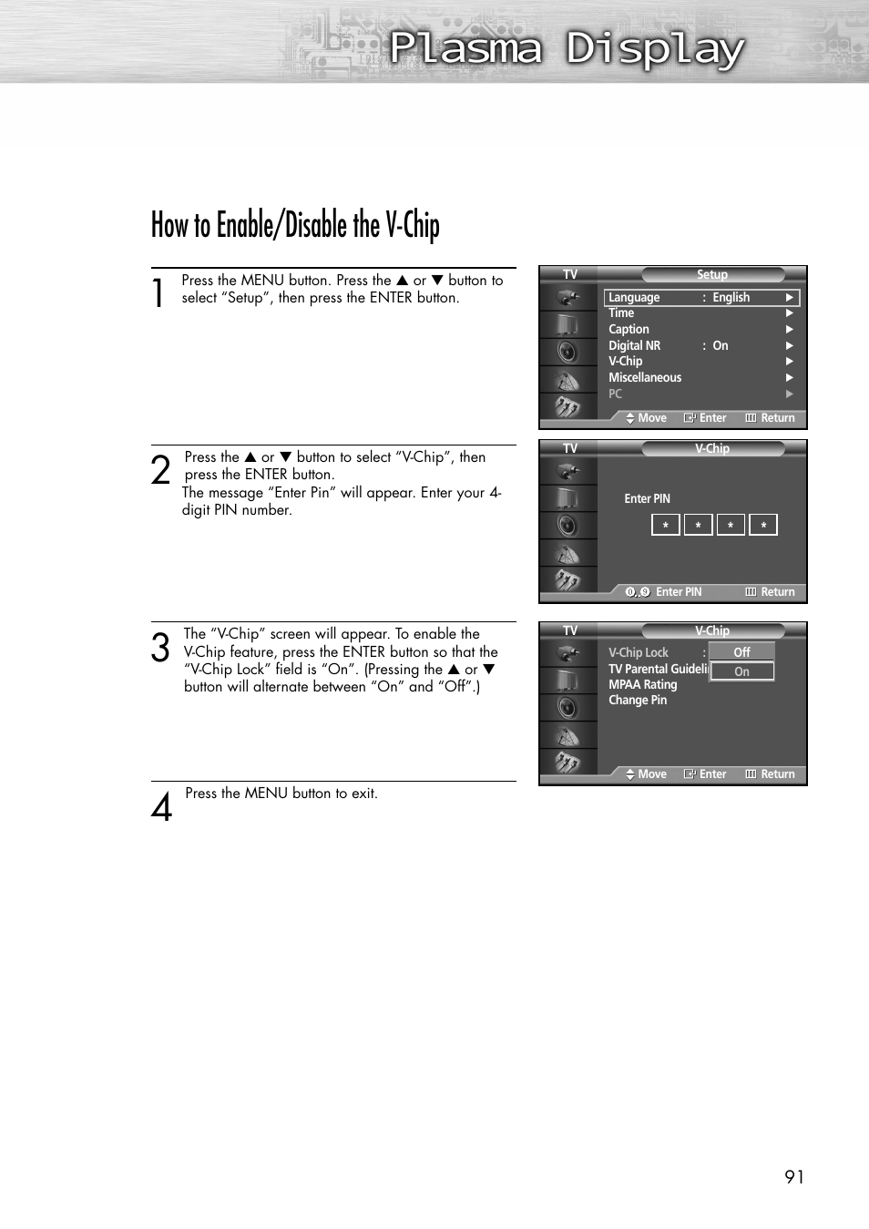How to enable/disable the v-chip | Samsung SPP4231X-XAC User Manual | Page 91 / 104