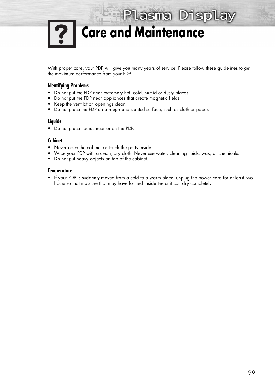 Care and maintenance | Samsung SPP4231X-XAC User Manual | Page 99 / 104